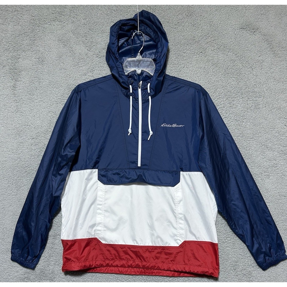 Eddie Bauer Anorak Pullover Jacket Mens L Colorblock Hooded Lightweight Packable